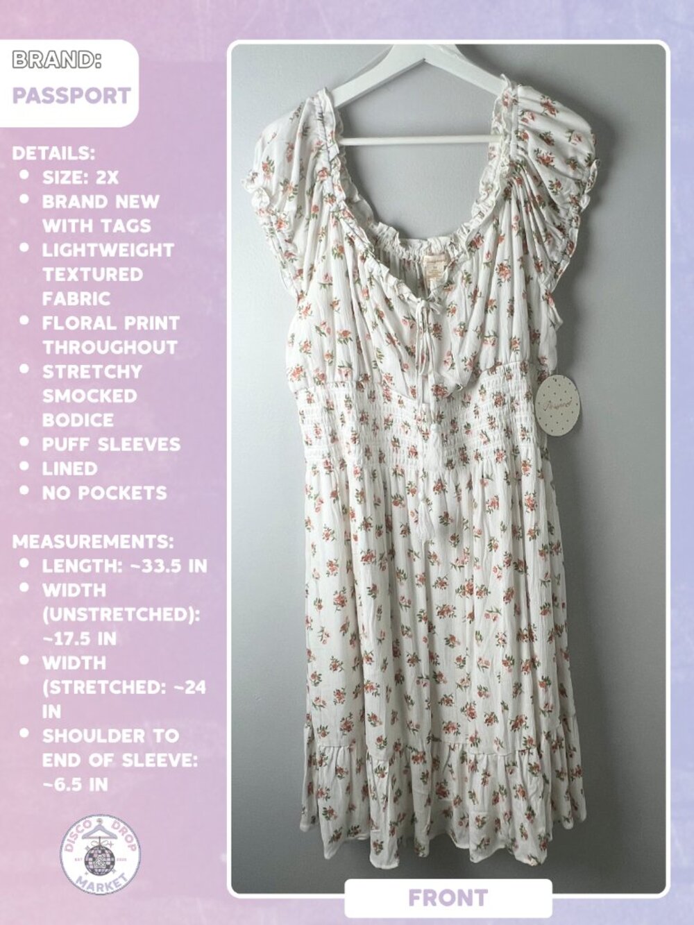 Passport Floral Smocked Puff Sleeve Dress 2X NWT